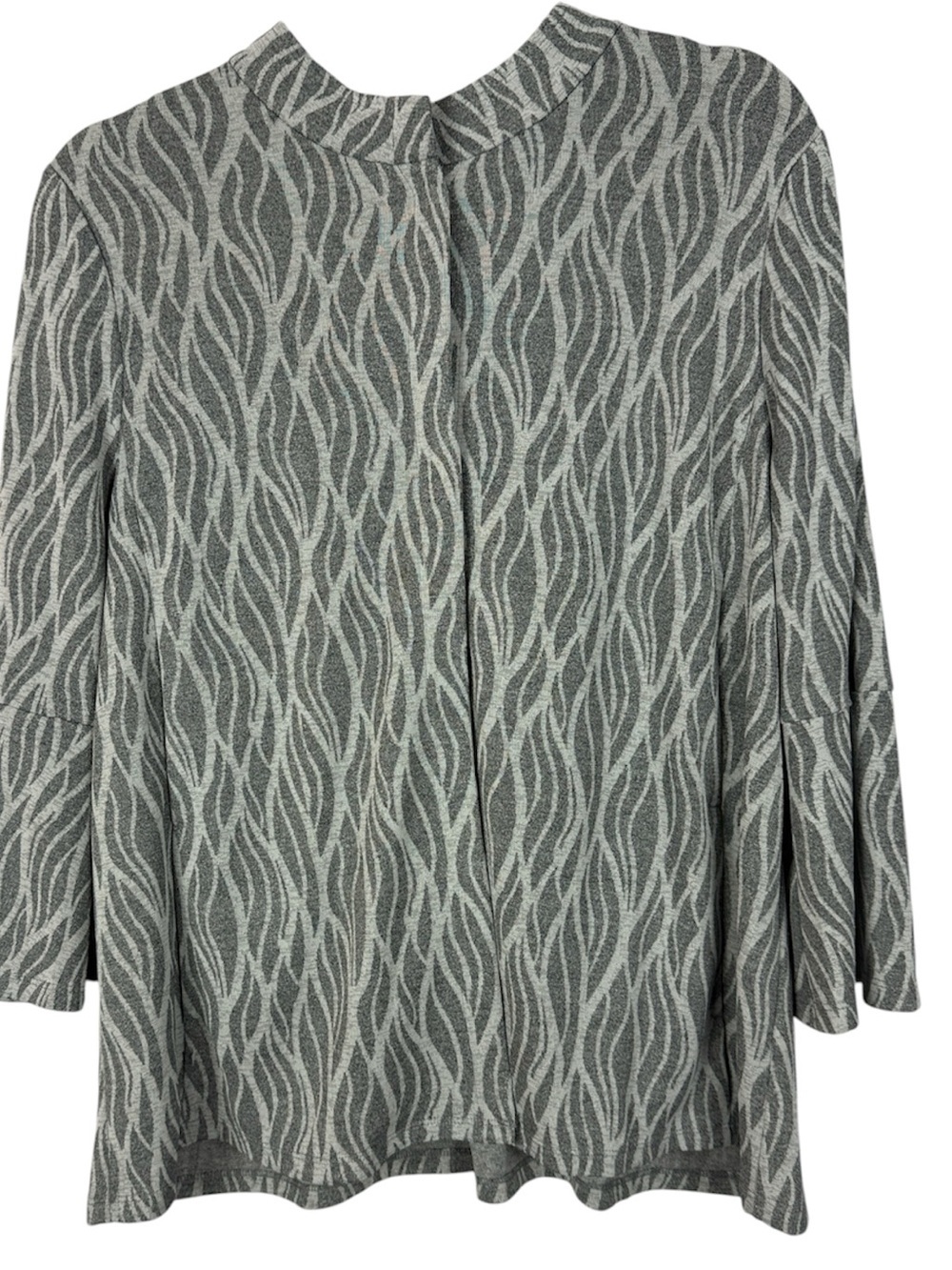 Chico's EasyWear Abstract Printed Bell Sleeve Snaps Jacket Top Gray Pockets